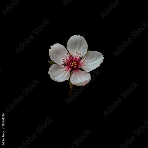 Single White Cherry Blossom Flower on Isolated Black Background