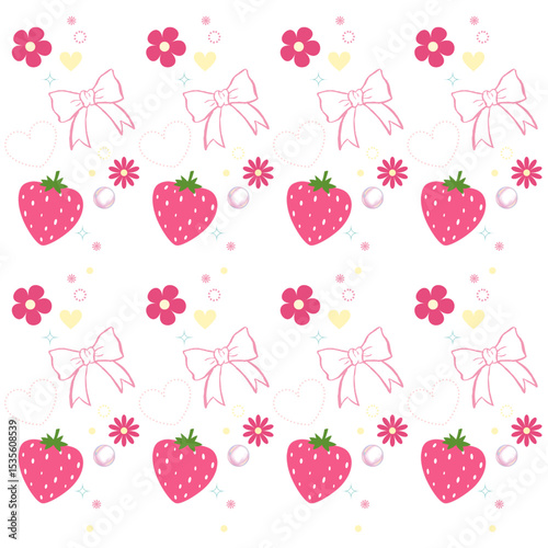 Spring and summer seamless pattern with coquette strawberries and bows, cute decorative wallpaper, trendy background
