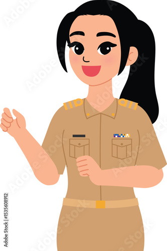 cartoon smile Thai female teacher in khaki uniform, Thai woman government officer character holding pointing stick and book illustration