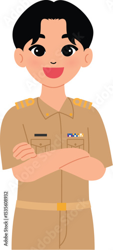 cartoon smile Thai male teacher in khaki uniform, Thai man government officer character cross arm over chest, confident guy  illustration