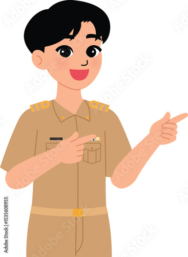 cartoon smile Thai male teacher in khaki uniform, Thai man government officer pointing finger to the side  illustration