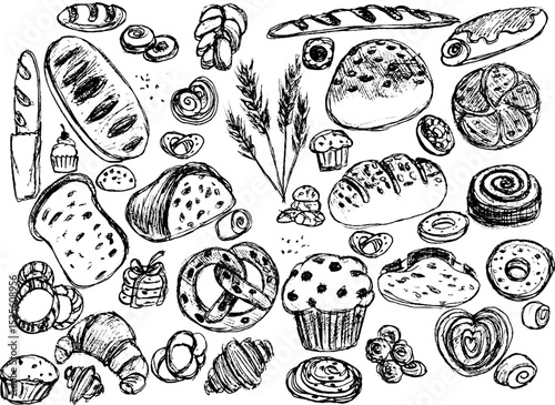 Hand-drawn assorted bread and pastries on white background 