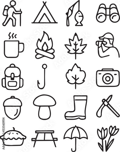 Autumn recreation and other activities icon set with adjustable line weight. Outline style icons depicting fall activities such as hiking, camping, fishing, mushroom picking birdwatching and other.