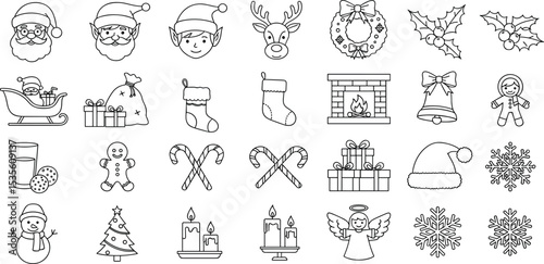 Santa and Christmas themed vector icon set including Santa Claus, elf, stockings, angel presents and more icons with adjustable line weight