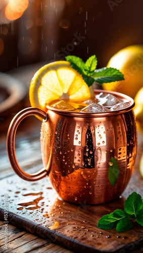 Refreshing Lemon Mint Drink in Copper Mug with Ice on Wooden Table