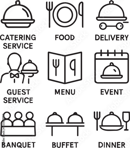 Catering line icon set. Catering service, food, delivery of ready meals, guest service, menu for event, banquet and more. Outline vector icon in linear style. Pictogram collection
