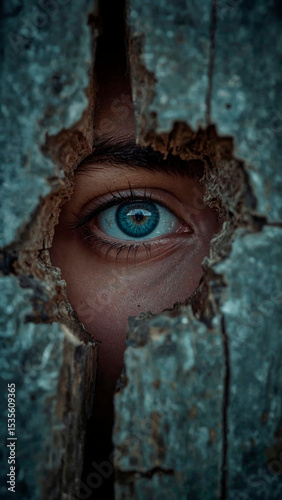 Blue Eye Peeking Through Hole in Wooden Wall – Mystery and Surveillance Concept