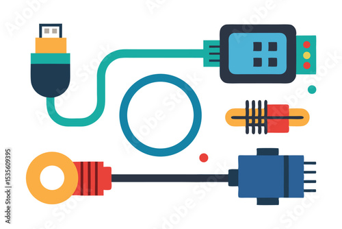 Colorful and abstract illustration of various electronic connectors and cables isolated