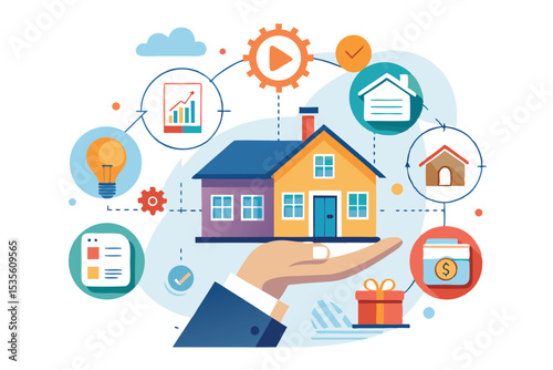 Conceptual illustration depicting real estate investment and property management solutions and strategies.