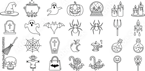 Halloween Icon Collection Spooky Line Art Symbols Including Witch Hat, Ghosts, Pumpkins, Skulls, Candies, and Halloween Decorations. Adjustable outline, stroke, line weight