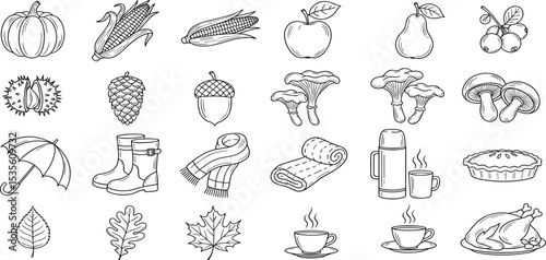  Minimalist Autumn Icon Set Cozy Fall Symbols Including Harvest, Nature, Seasonal Foods, and Weather Elements in Line Art.