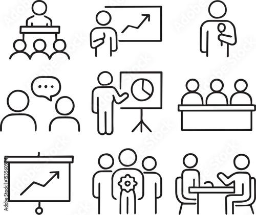 Conference Vector Icon Set  Adjustable Line Weight  Speaker, podium, audience, chart, presentation, mic, discussion, seminar, networking, success, projector, meeting, talk, panel icons