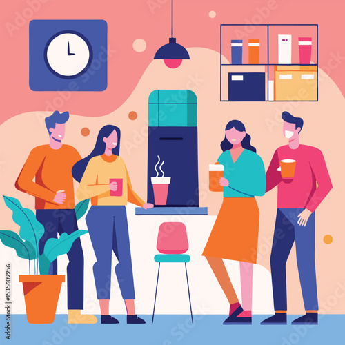 Diverse team enjoying coffee break around coffee machine in modern office illustration