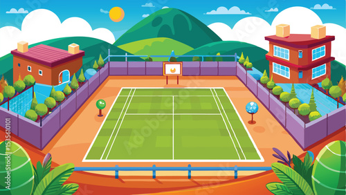 Cartoon Illustration of Tennis Court with Buildings, Mountains, and Sunny Sky View