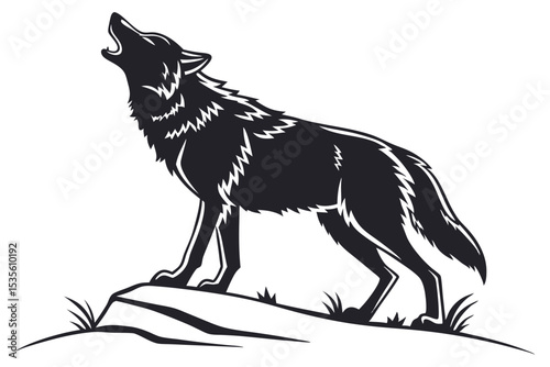 A black and white illustration of a howling wolf standing on a rock