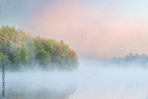 Spring landscape at dawn of the shoreline of Long Lake in fog with mirrored reflections in calm water, Yankee Springs State Park, Michigan, USA