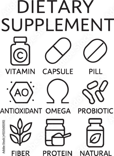 Dietary supplement and food additive line icon set. Vitamin, capsule, pill, antioxidant, omega, probiotic, fiber, protein. Natural, herbal, dry, energy supplement. Outline icon collection. Pictogram
