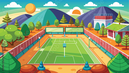 Cartoon Tennis Court Surrounded by Mountains, Trees, and a Building with Observation Deck