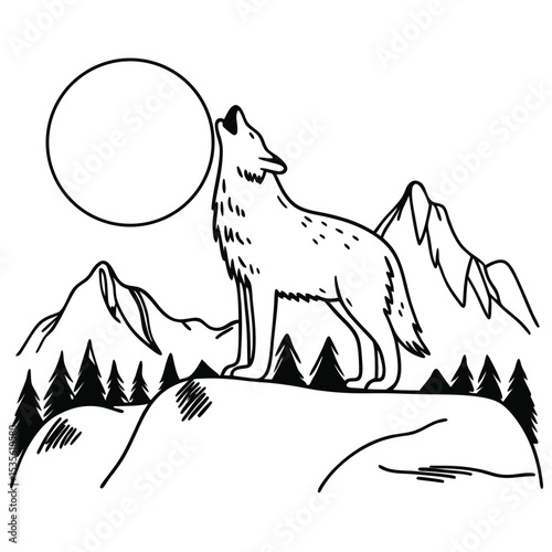Black and white illustration of a wolf howling at the moon surrounded by mountains and trees