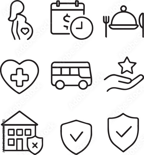 Employee benefits line icon set. Maternity leave, paid leave, meals, insurance, company transport, bonuses, protection from dismissal and more. Outline icon in linear style. Vector collection
