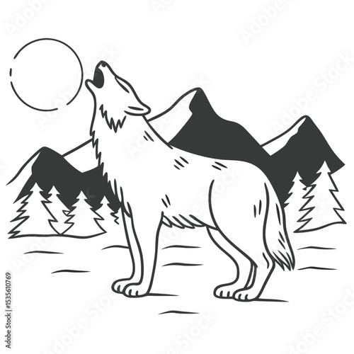 Black and white vector illustration of a howling wolf with mountains and trees