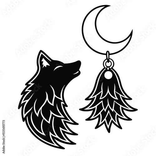 Black and white wolf silhouette with crescent moon and decorative pendant vector illustration
