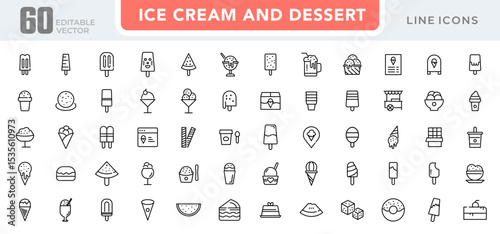 Ice cream and dessert linear icon set. Popsicle, cone ice cream, frozen yogurt, vanilla, chocolate, waffle cone, gelato, parfait, milkshake, outline vector icon set. UI thin line icon pack.