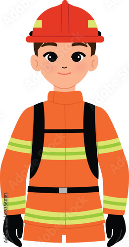 male fire fighter character, emergency helper fireman illustration