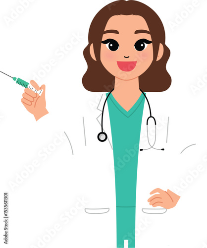smile doctor female character hand on hip and other on hold syringe, professional medical woman staff with scrub, lab coat, stethoscope and syringe illustration