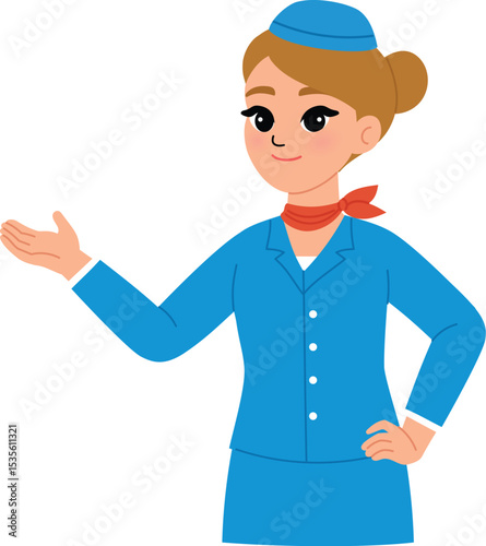 beautiful flight attendance presenting hand, smile air hostess with uniform pointing hand, airline cabin crew isolated illustration