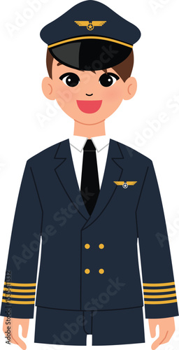 smile male character pilot with uniform, captain cabin crew, professional man isolated illustration