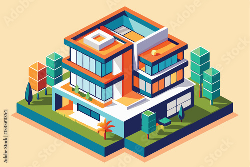Isometric illustration of a modern residential house surrounded by trees and greenery