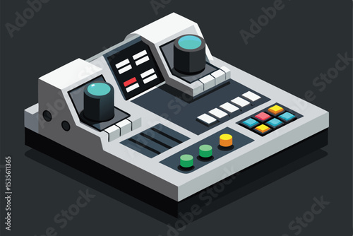 Isometric illustration of a modern control panel with buttons and knobs in a flat design