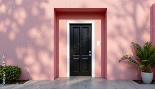 high quality, minimalist depiction of a monochrome black door set into a soft pastel pink wall, with subtle light reflections and shadows. photo