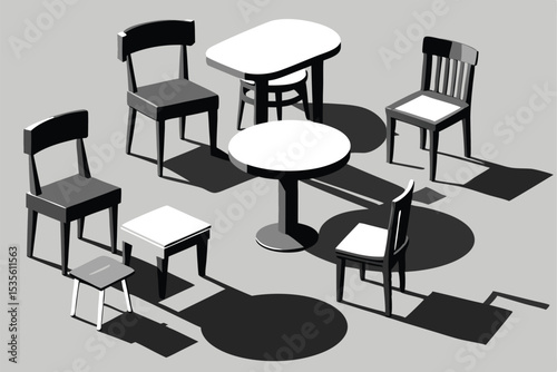 Isometric view illustration of chairs and tables arranged in a social distance concept design