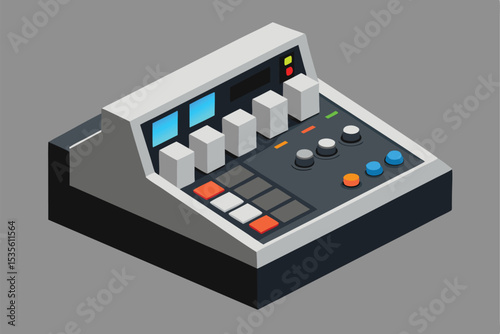 Isometric view of a modern sound mixer console for audio production and recording