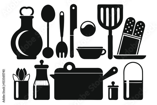 Minimalist black and white kitchen utensils and cooking items arrangement on a white background