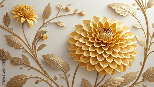 Golden Dahlia Floral Arrangement Intricate Gold Leaf Design Elegant Creamy Off White Background Large Detailed Dahlia Flower Accents