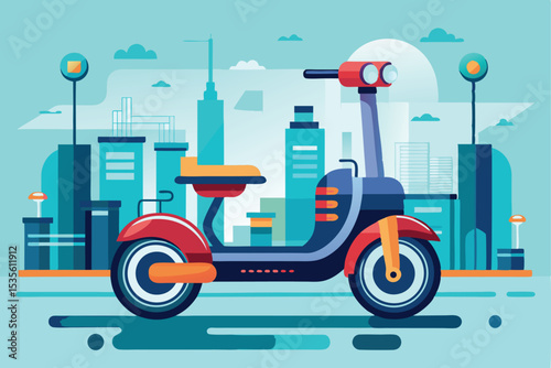 Modern electric scooter illustration with cityscape backdrop perfect for urban transportation concepts