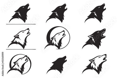 Collection of stylish black and white wolf head logo designs for brand identity and symbolism