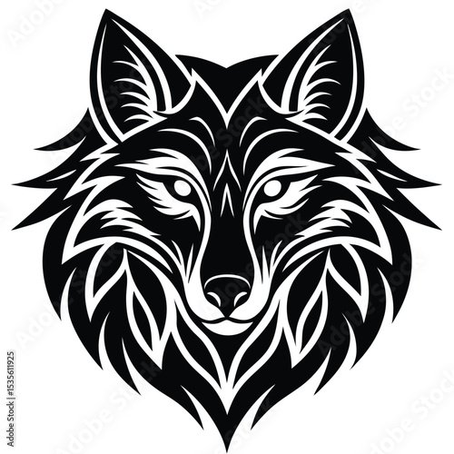 Detailed black and white illustration of a wolf head design with tribal artistic details