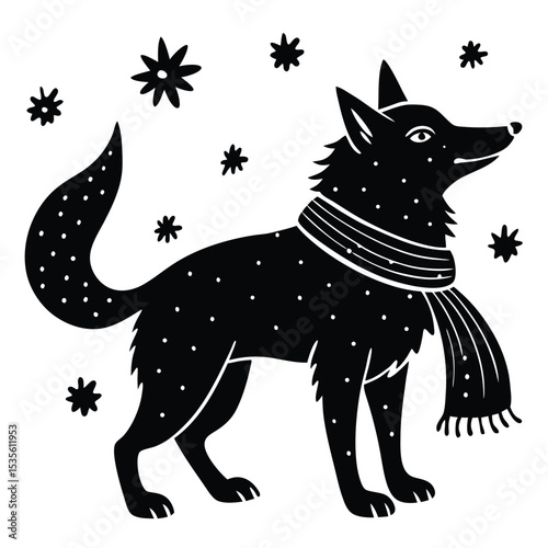 Cute black fox illustration wearing a scarf with falling snowflakes in a wintery design