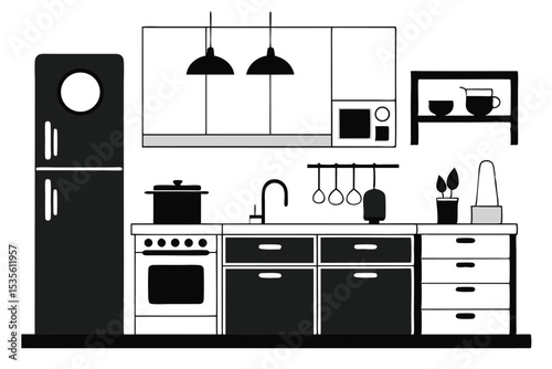 Modern kitchen interior illustration simple black and white minimalist apartment design