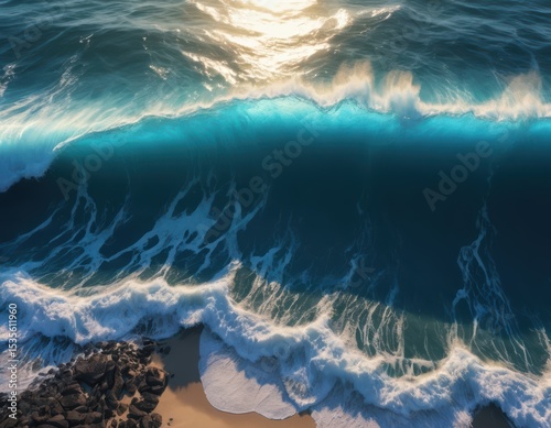 the aerial view showcases a large body of water crashing against a shoreline. a prominent wave with a frothy crest dominates the scene, its turquoise water glistening under the sunlight