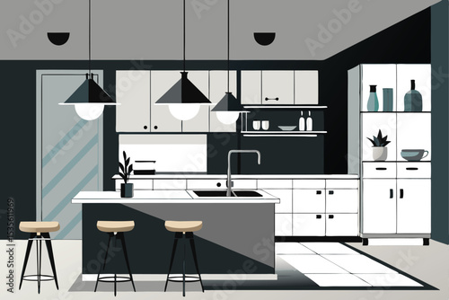 Modern kitchen interior illustration with island stools overhead lighting and contemporary design