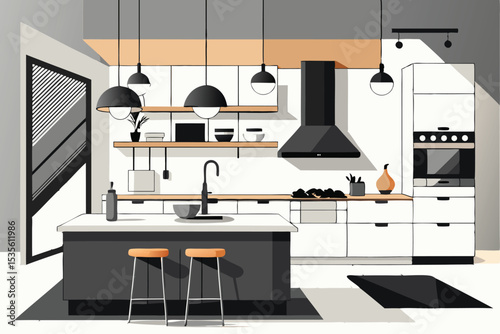 Modern minimalist kitchen interior design illustration with island stools and decorative lighting