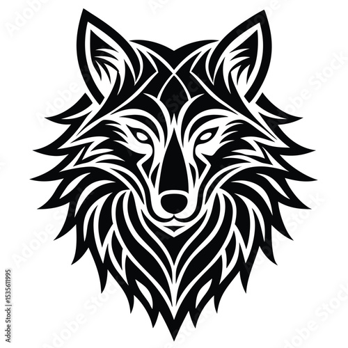 Elegant black and white wolf head illustration with intricate tribal style design elements