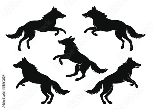Five black wolf silhouettes in action illustrating movement and wild animal grace.