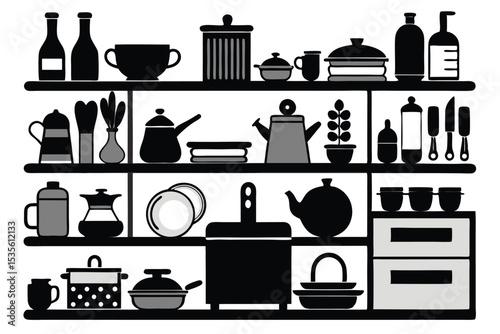 Organized kitchen utensils and cookware silhouettes arranged on shelves in a minimalist style
