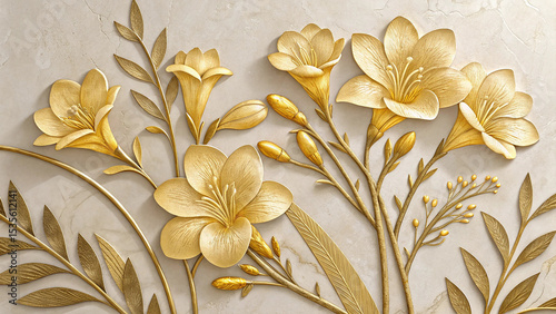 Golden Freesia Floral Arrangement with Stucco Stems and Leaves on a Beige Marble Background Elegant Gold and Beige Color Palette Intricate 3 D Floral Design Luxurious Textured Floral Artwork